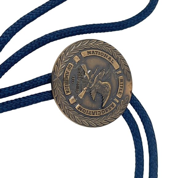 NRA National Rifle Association Brass Medallion Bolo Tie Blue Cord & Gold Tips - Picture 4 of 8